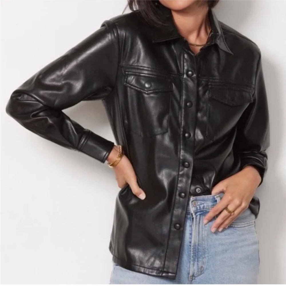 GOOD AMERICAN Better Than Leather Faux Leather Shacket Army Shirt Black XL 4